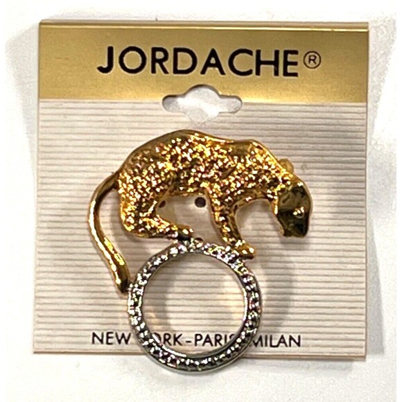 Jordache Jewelry - Jordache Brooch Pin Vintage Gold Tone Jaguar on Silver Tone Ring NOS on Pin Card